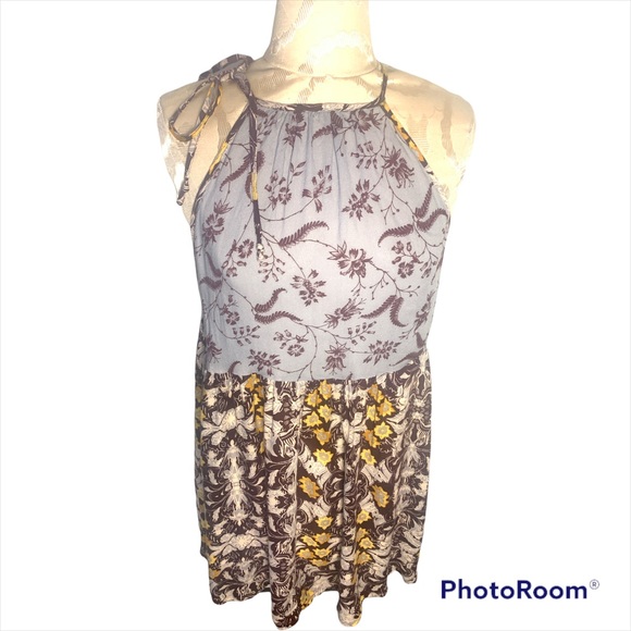 Free People Blue and Yellow Floral Printed Boho Mini Dress NWOT Medium - Picture 3 of 8